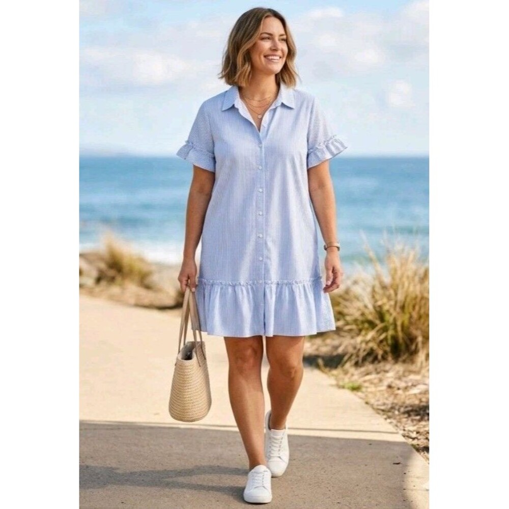 Meadow Rhodes Shirt Dress Blue White Stripe Ruffle Sleeve Peasant Coastal Sz XL